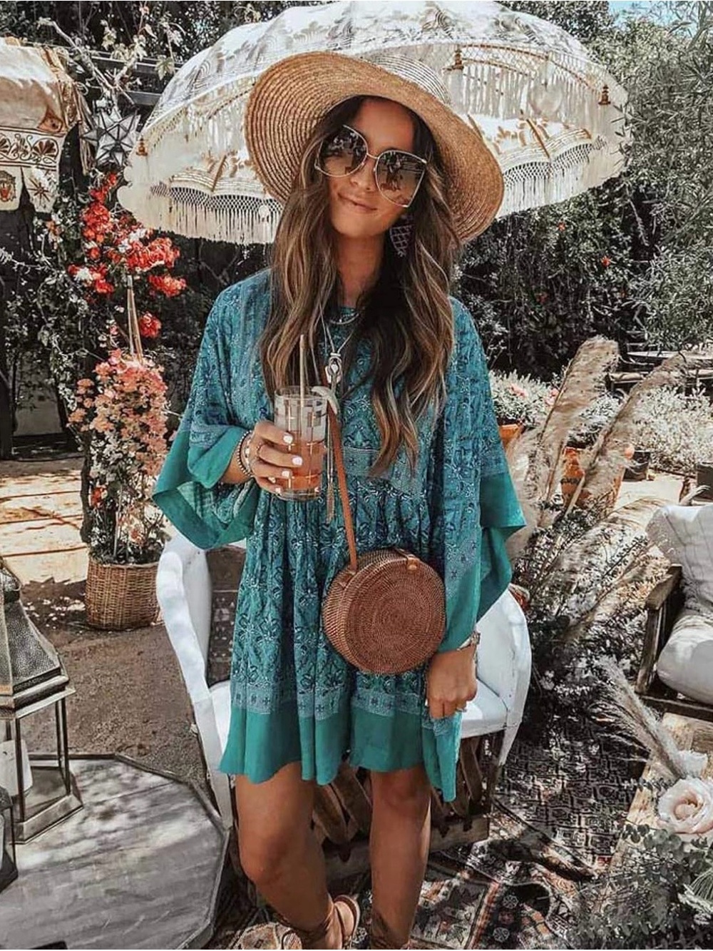 R.Vivimos Teal Boho Printed Mini Dress Kimono Sleeve Loose Fit Blue Rayon/Cotton